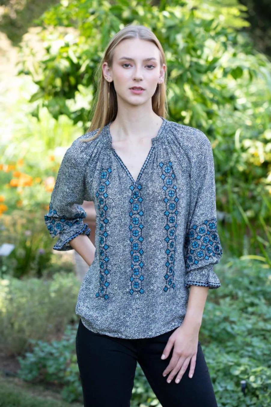 Clothing Rungolee | Rungolee, Barcelona Embroidered Blouse- Shadow Dishdash Blue