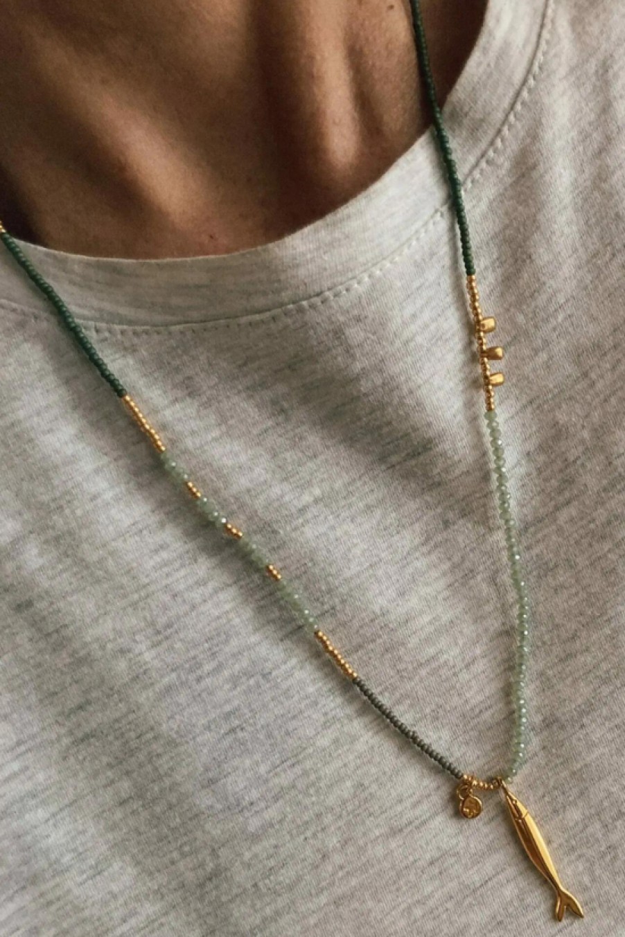 Jewelry The Makery Collection | The Makery, Loopstring Necklace- Sage, Grey With Gold Fish