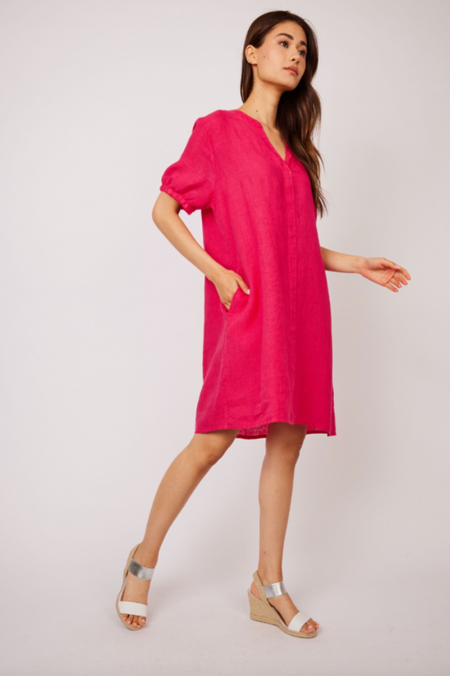 Clothing Pistache | Pistache, Linen Dress W/ Elastic Detail Sleeve