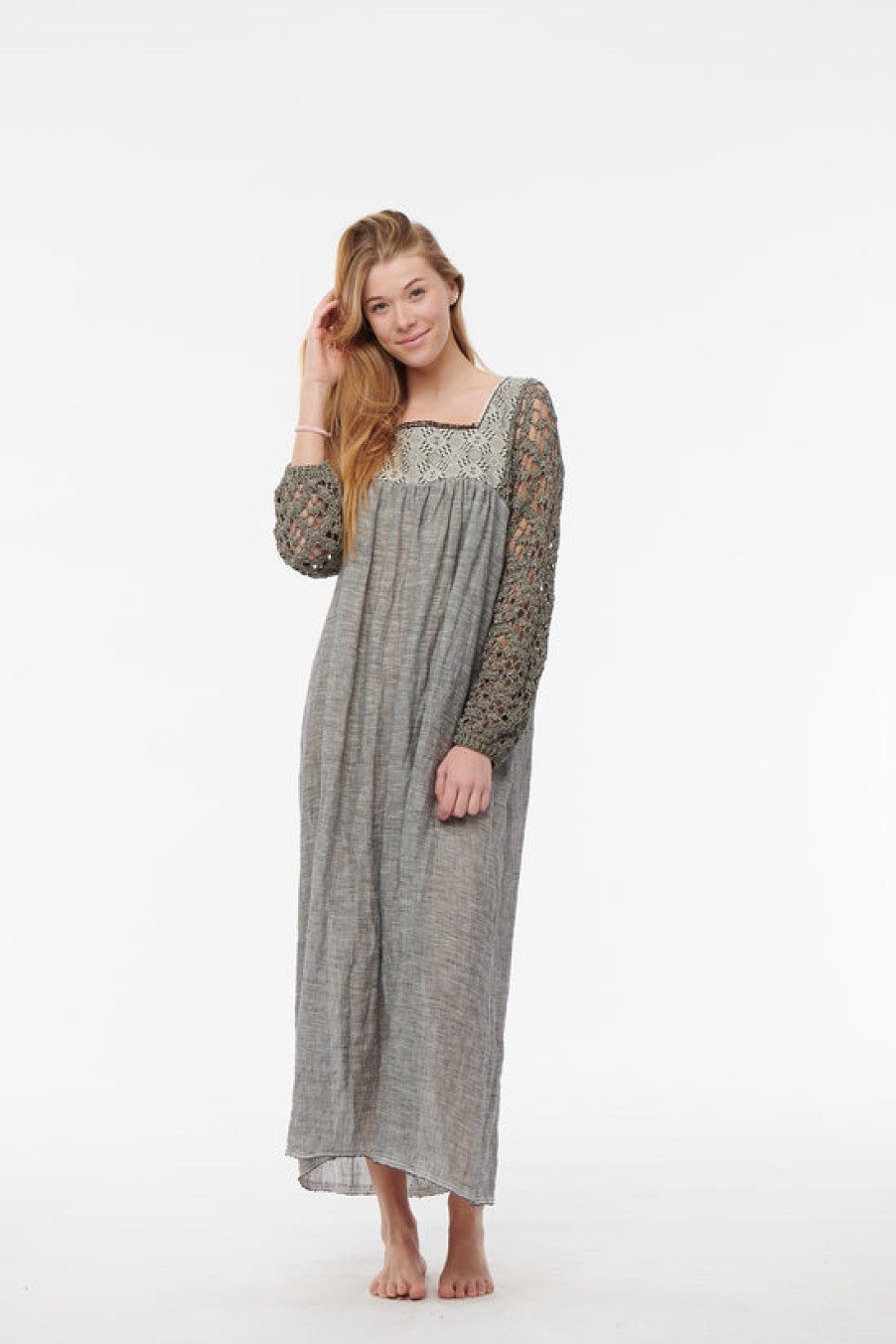 Clothing Nina Leuca | Nina Leuca, Long Dress With Grey Lurex Knit Sleeves