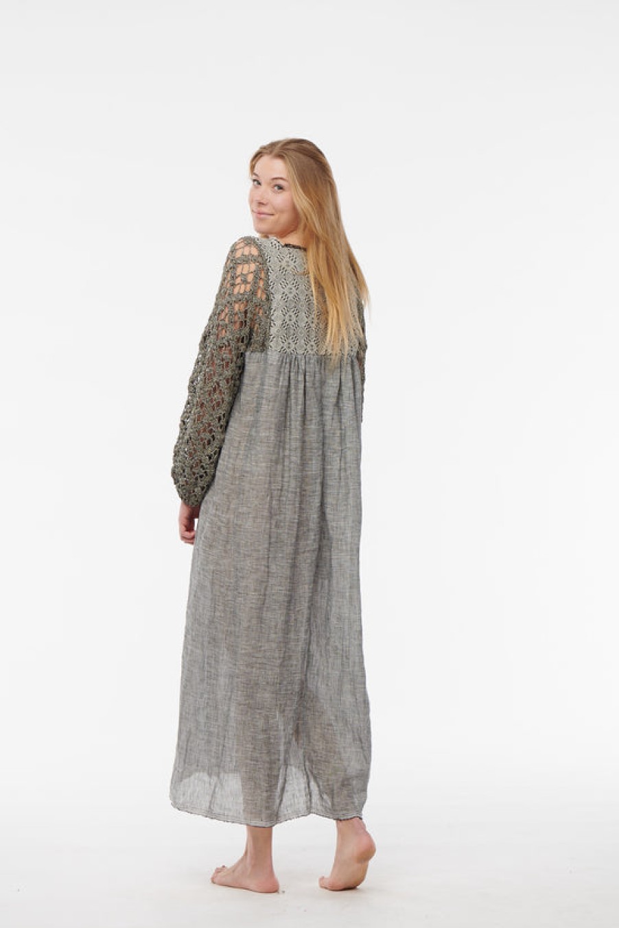 Clothing Nina Leuca | Nina Leuca, Long Dress With Grey Lurex Knit Sleeves