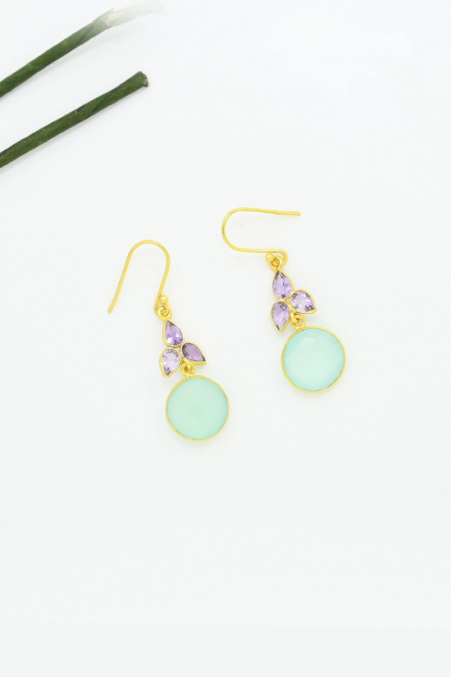 Jewelry Schmuckoo | Schmuckoo, Leaf Gold Earrings- Aqua Chalcedony & Amethyst