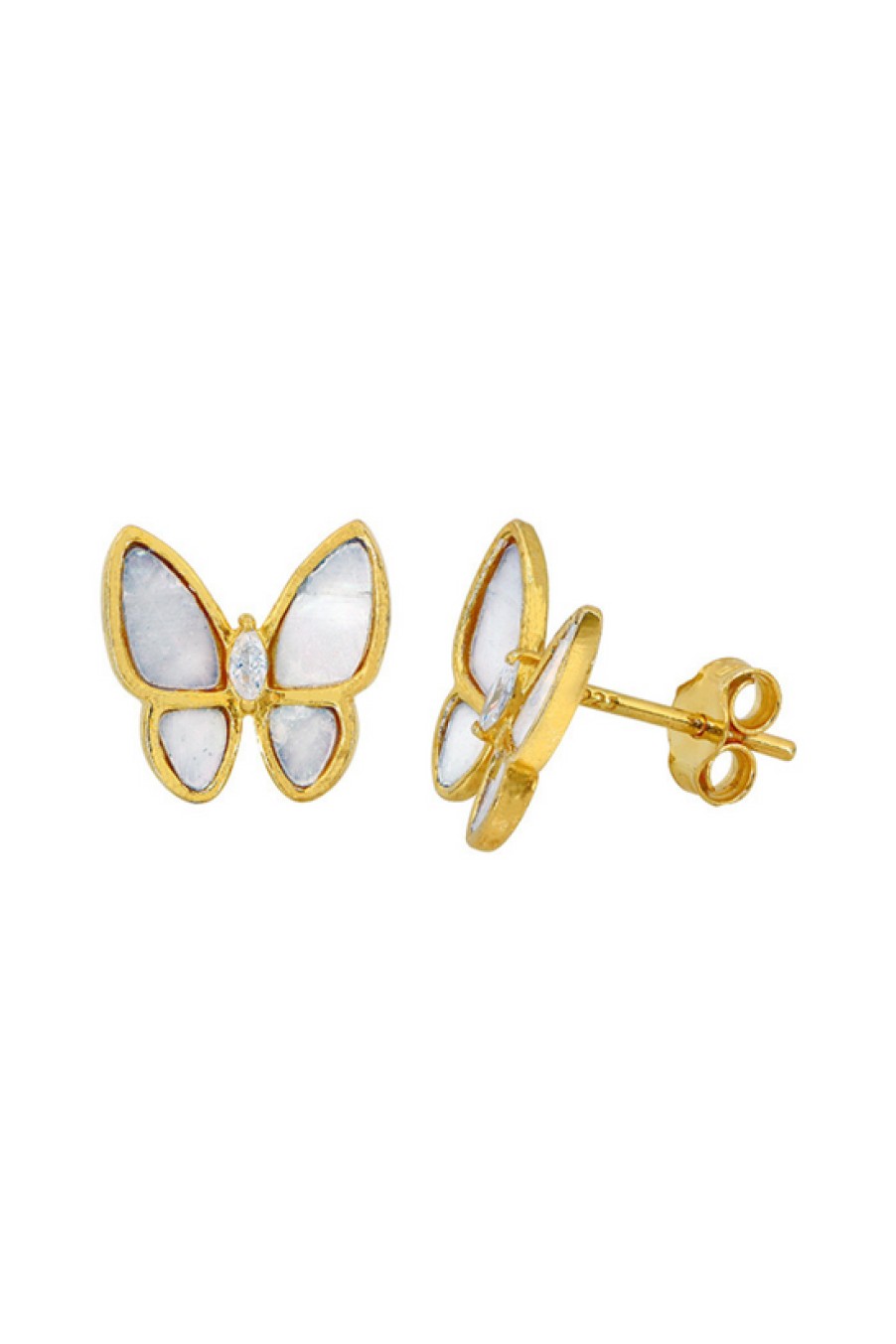 Jewelry Bamiyan | Gold Butterfly Stud Earrings With Cubic Zirconia & Mother Of Pearl