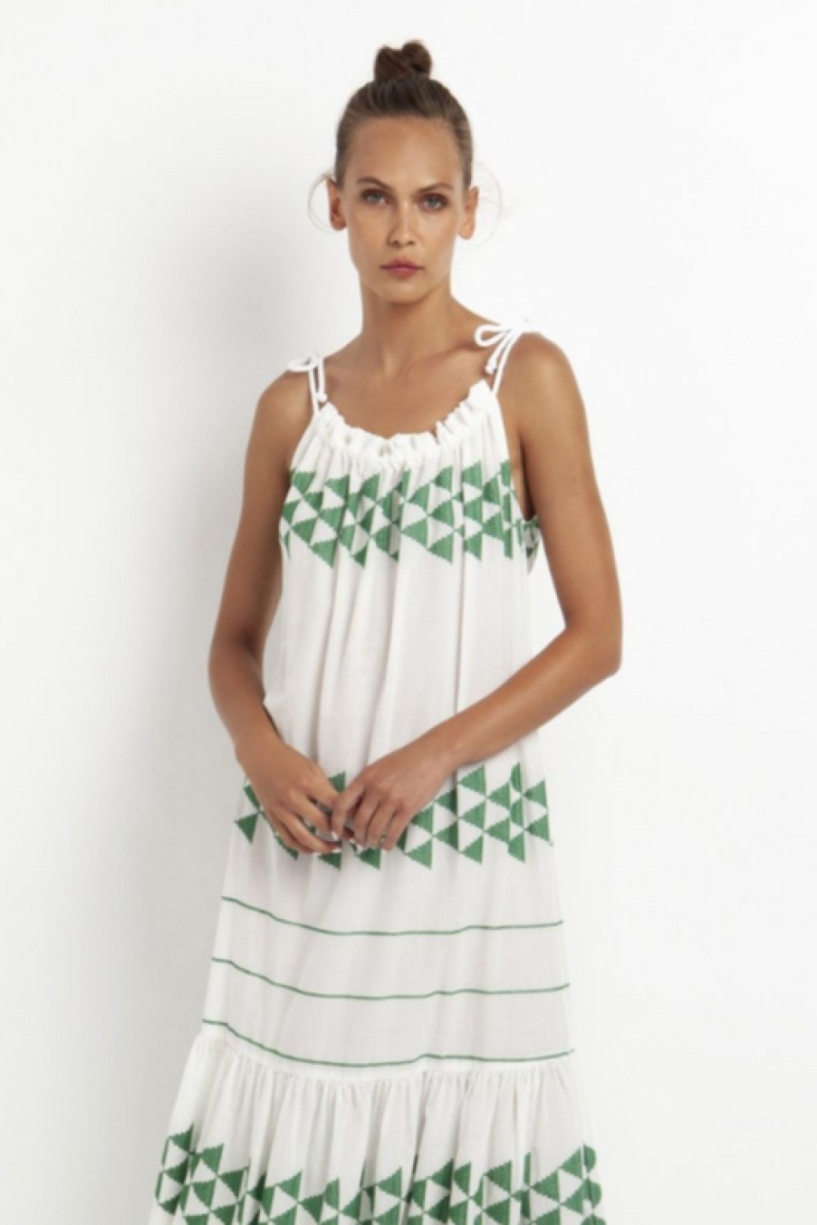 Clothing Greek Archaic Kori | Greek Archaic Kori, Short Arrow Dress With Rope Ties- White/Green