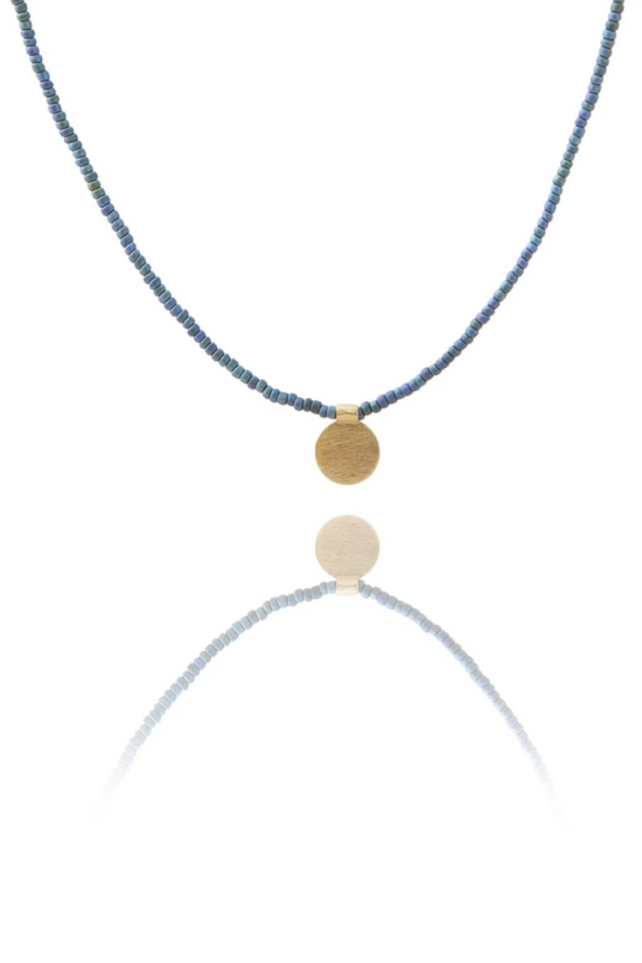 Jewelry The Makery Collection | The Makery, Short Gunmetal Blue Beaded Necklace With Brushed Brass Disc