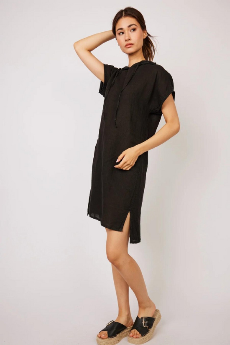 Clothing Pistache | Pistache, Linen & Jersey Cotton Hooded Dress- Black