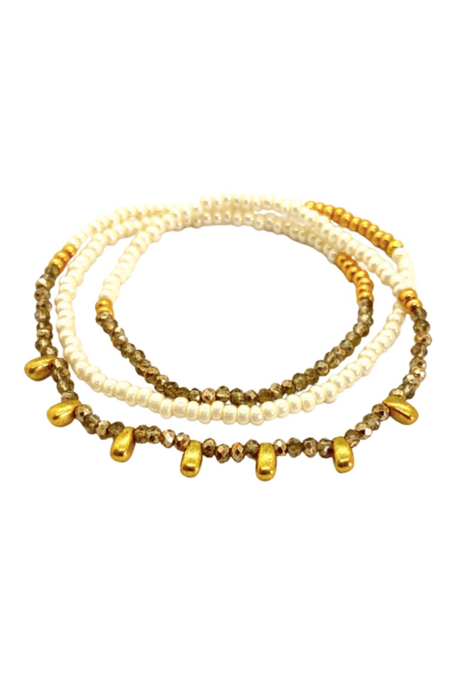 Jewelry The Makery Collection | The Makery, Beaded Triple Wrap Bracelet In Mottled Gold- Pearl And Gold Drops