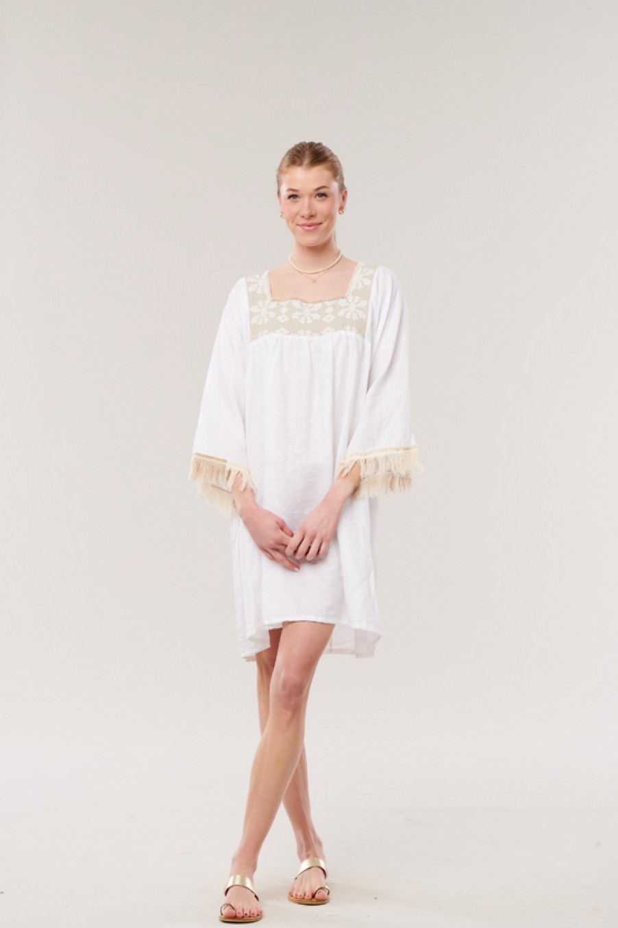 Clothing Nina Leuca | Nina Leuca, Desy Dress- White With Beige Embroidery