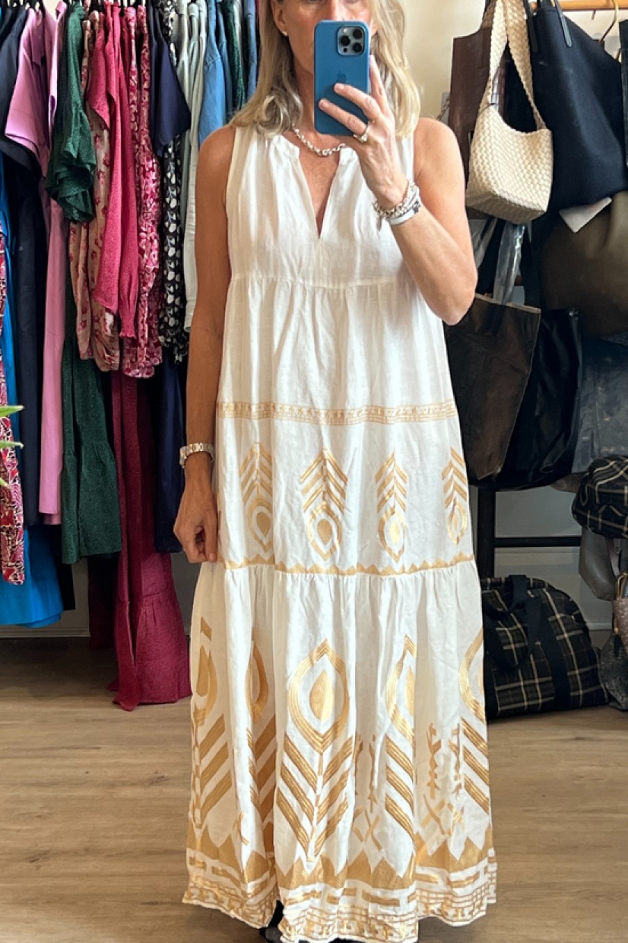 Clothing Greek Archaic Kori | Greek Archaic Kori, Sleeveless Long Feather Dress- White/Gold