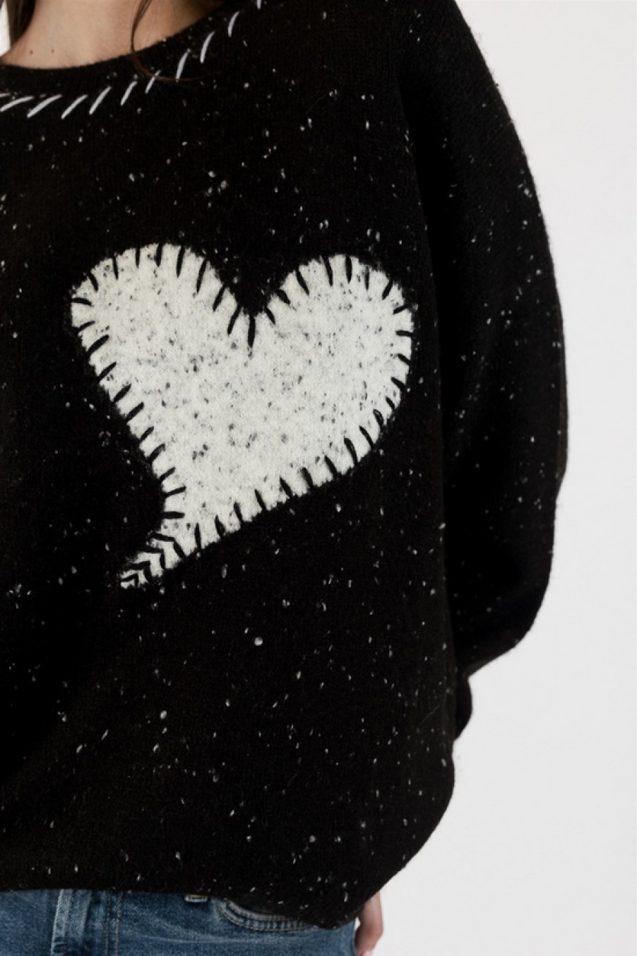 Clothing Lyla+Luxe | Lyla+Luxe, Fleck Sweater With Large Heart And Top Stitch- Black