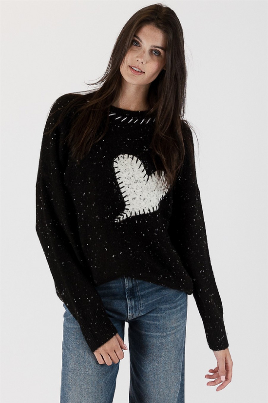 Clothing Lyla+Luxe | Lyla+Luxe, Fleck Sweater With Large Heart And Top Stitch- Black