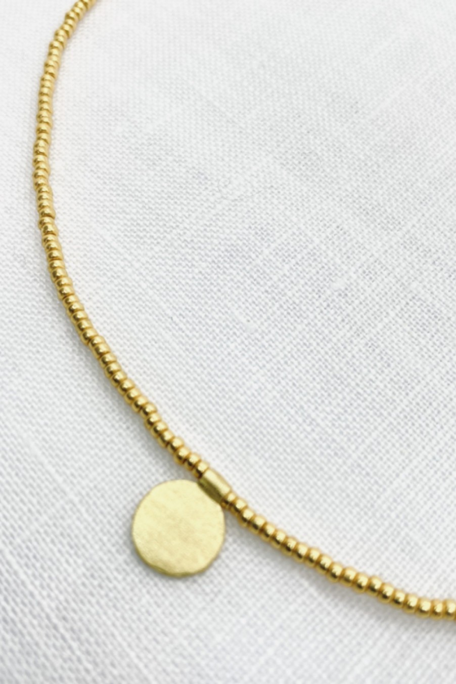 Jewelry The Makery Collection | The Makery, Short Gold Beaded Necklace With Brushed Gold Disc