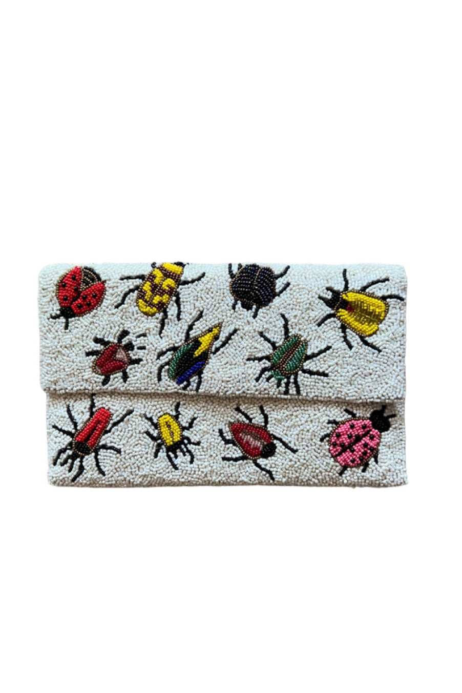 Accessories Tiana | Tiana, Beaded Half Over Clutch- Ivory & Multicoloured Bugs